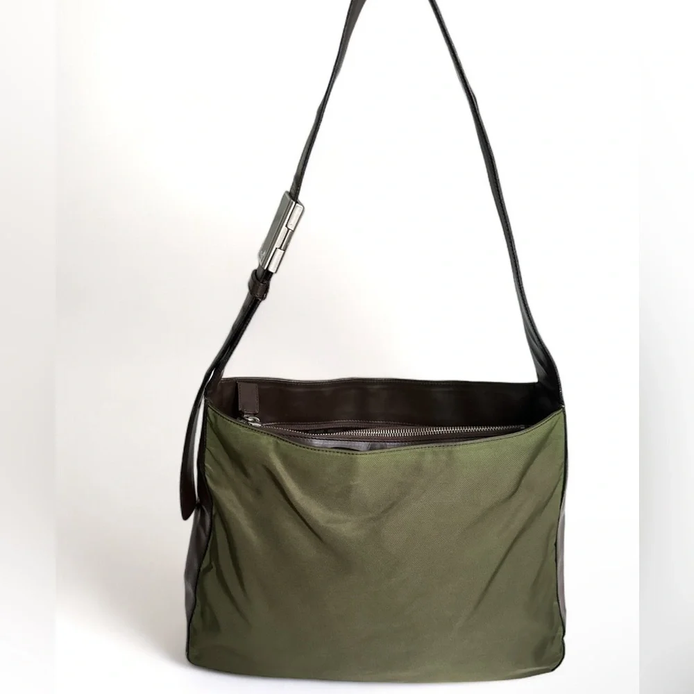 PRADA Vintage Tessuto Nylon Hobo Bag Olive Green Leather Trim B7816 Y2K - Picture 4 of 15